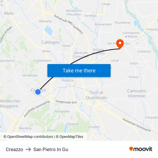 Creazzo to San Pietro In Gu map