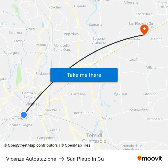 Vicenza Autostazione to San Pietro In Gu map