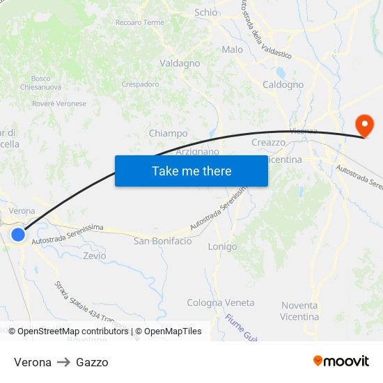 Verona to Gazzo map