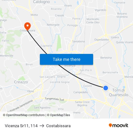 Vicenza Sr11, 114 to Costabissara map