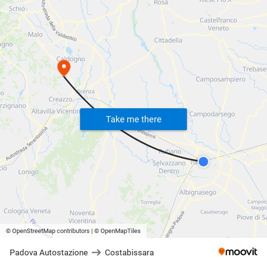 Padova Autostazione to Costabissara map