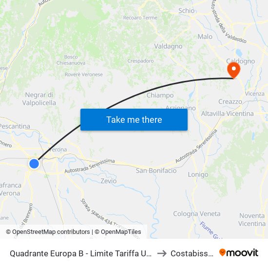 Quadrante Europa B - Limite Tariffa Urbana to Costabissara map