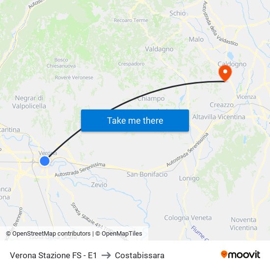 Verona Stazione FS - E1 to Costabissara map