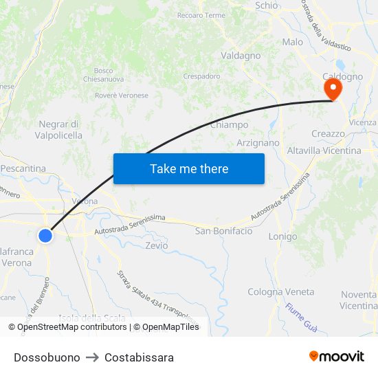 Dossobuono to Costabissara map