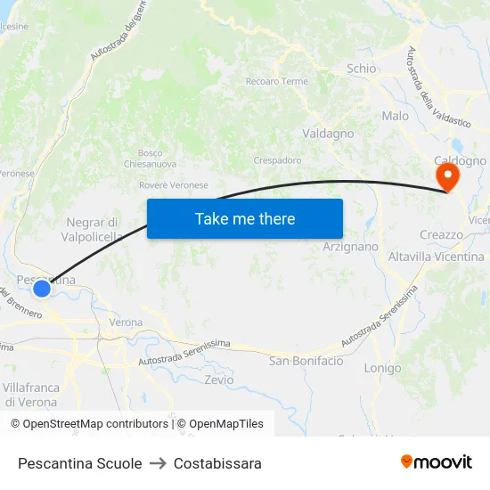 Pescantina Schools to Costabissara map