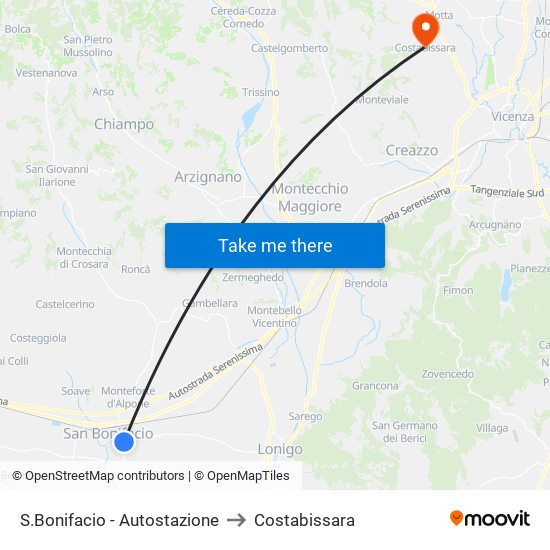 S.Bonifacio - Autostazione to Costabissara map