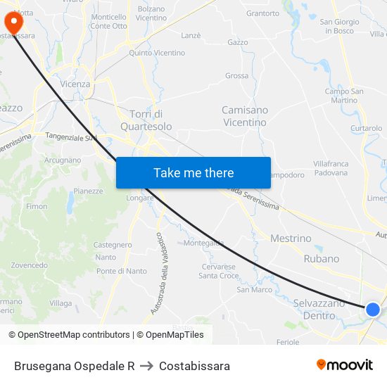 Brusegana Ospedale R to Costabissara map