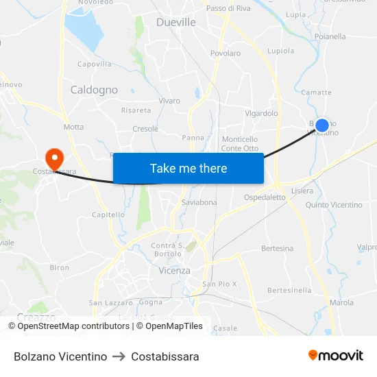 Bolzano Vicentino to Costabissara map