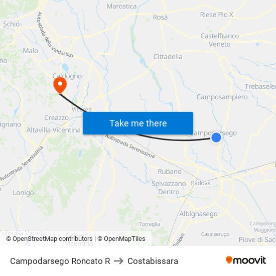 Campodarsego Roncato R to Costabissara map