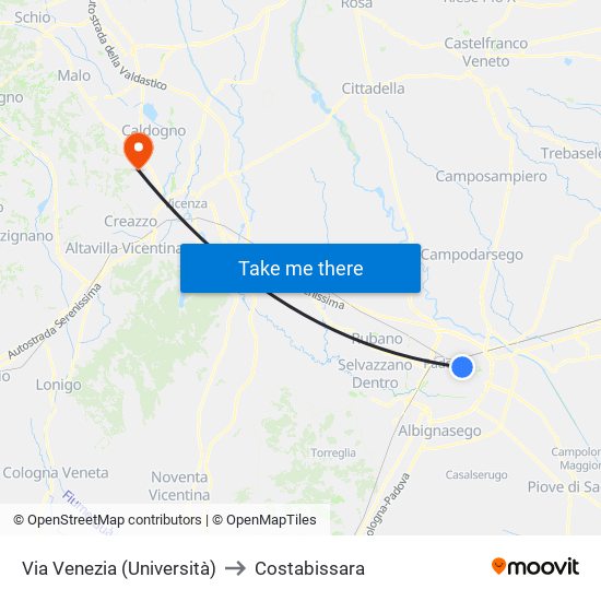 Via Venezia (Università) to Costabissara map