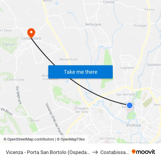 Vicenza - Porta San Bortolo (Ospedale) to Costabissara map