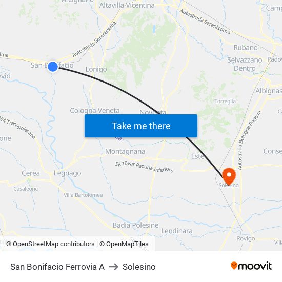 San Bonifacio Ferrovia A to Solesino map