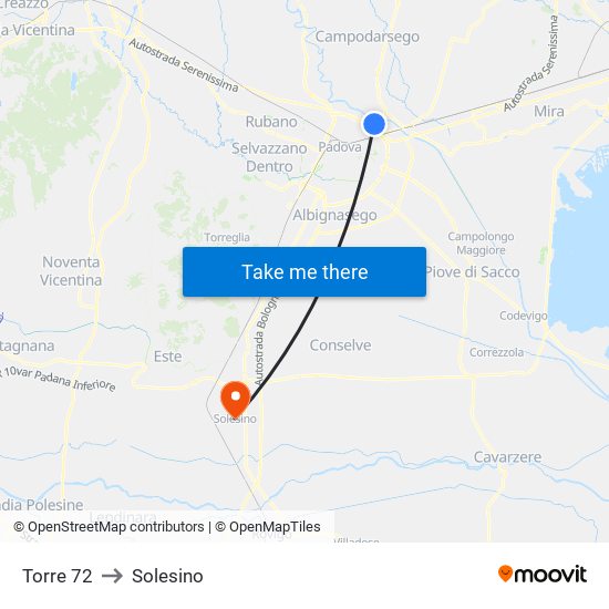 Torre 72 to Solesino map