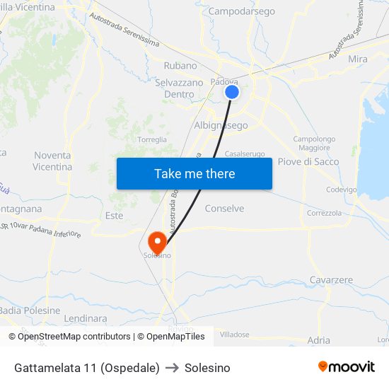 Gattamelata 11 (Ospedale) to Solesino map