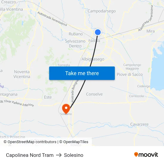 North Tram Terminal to Solesino map