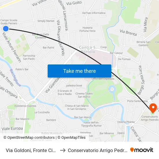 Via Goldoni, Opposite #55 to Arrigo Pedrollo Conservatory map