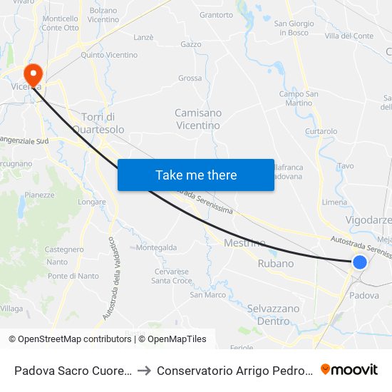 Padova Sacro Cuore R to Conservatorio Arrigo Pedrollo map