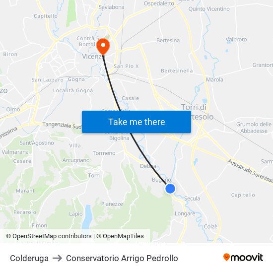 Colderuga to Conservatorio Arrigo Pedrollo map