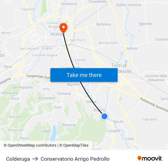 Colderuga to Conservatorio Arrigo Pedrollo map