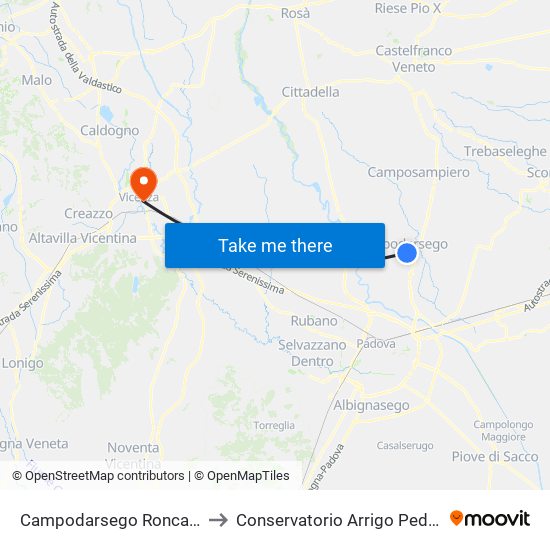 Campodarsego Roncato R to Conservatorio Arrigo Pedrollo map