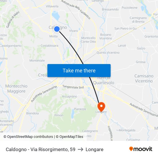 Caldogno - Via Risorgimento, 59 to Longare map