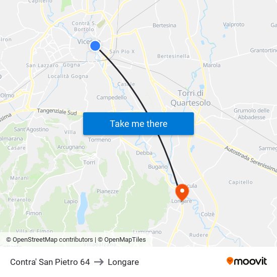 Contra' San Pietro 64 to Longare map