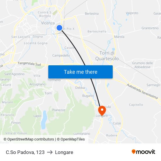 C.So Padova, 123 to Longare map