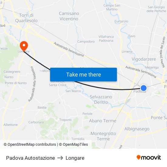 Padova Autostazione to Longare map