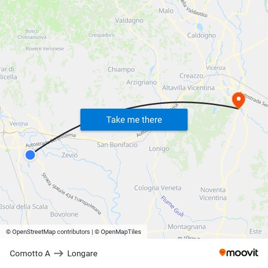 Comotto A to Longare map