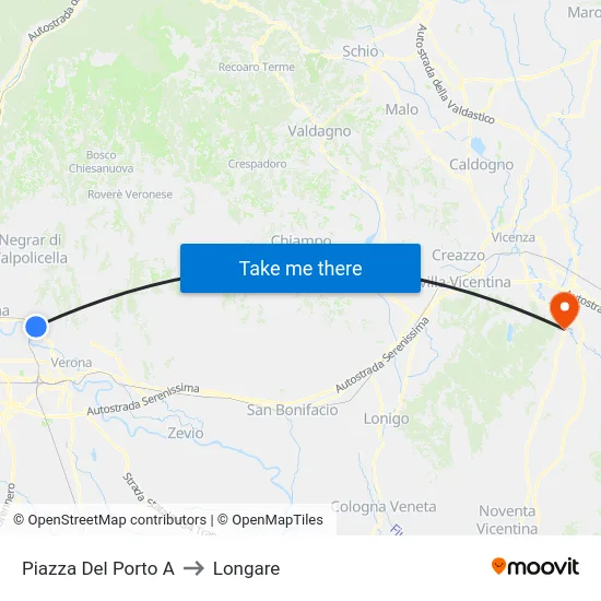 Porto Square A to Longare map