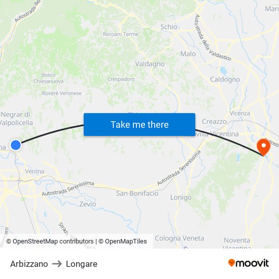 Arbizzano to Longare map