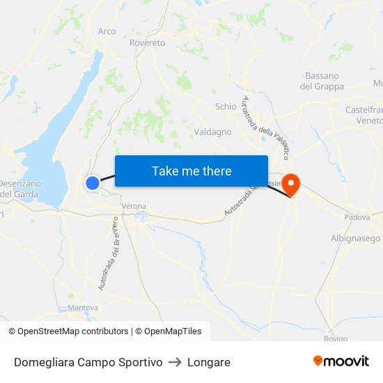 Domegliara Campo Sportivo to Longare map