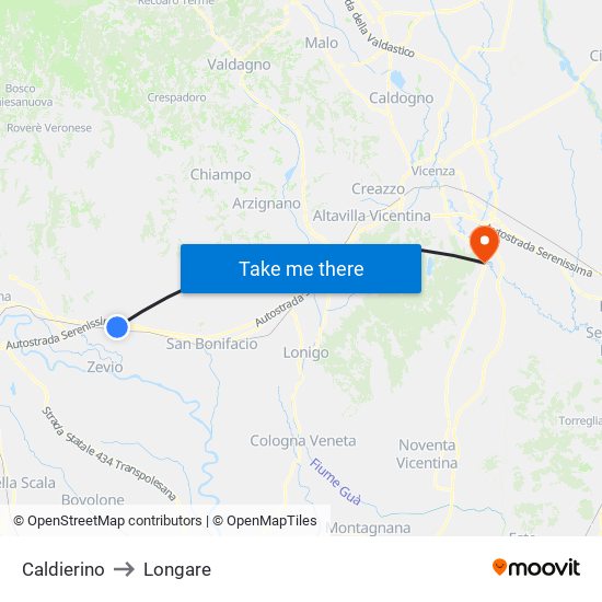 Caldierino to Longare map
