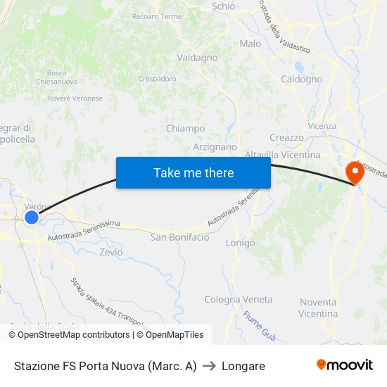 Stazione FS Porta Nuova (Marc. A) to Longare map