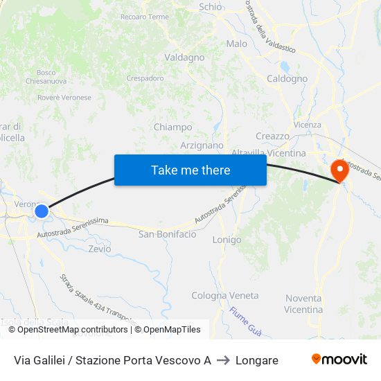 Via Galilei / Stazione Porta Vescovo A to Longare map