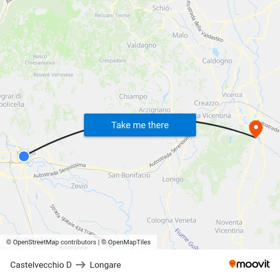 Castelvecchio D to Longare map