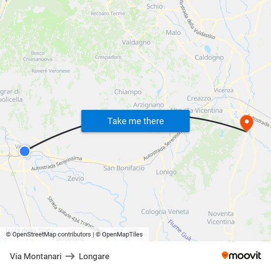 Via Montanari to Longare map