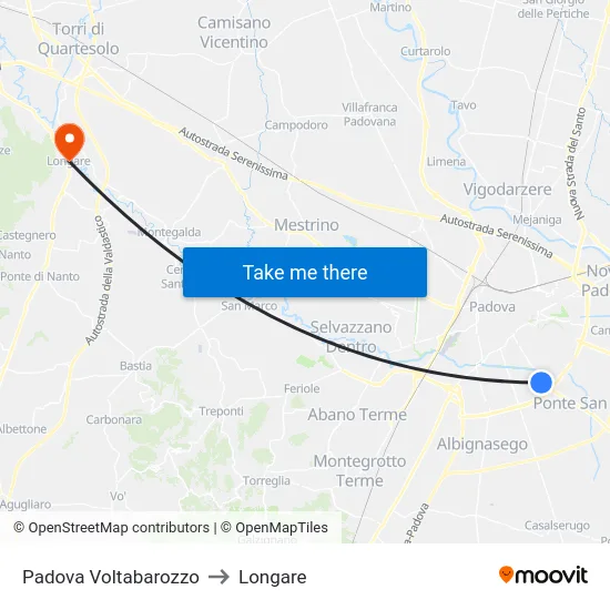 Padova Voltabarozzo to Longare map