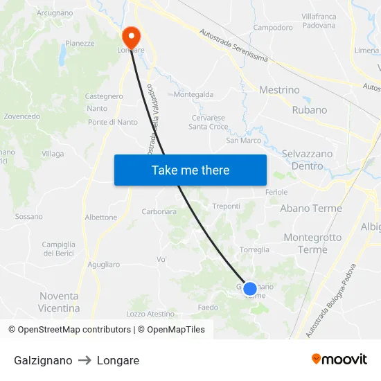 Galzignano to Longare map