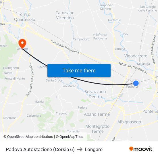 Padova Autostazione (Corsia 6) to Longare map