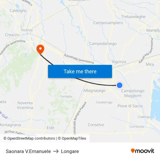 Saonara V.Emanuele to Longare map