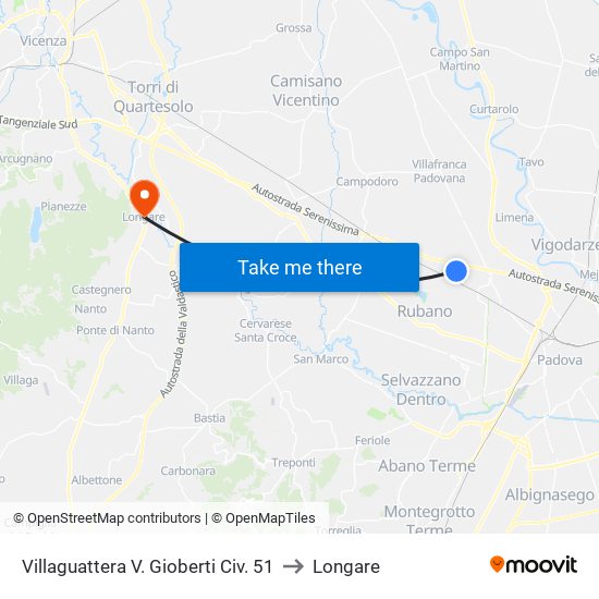 Villaguattera V. Gioberti Civ. 51 to Longare map