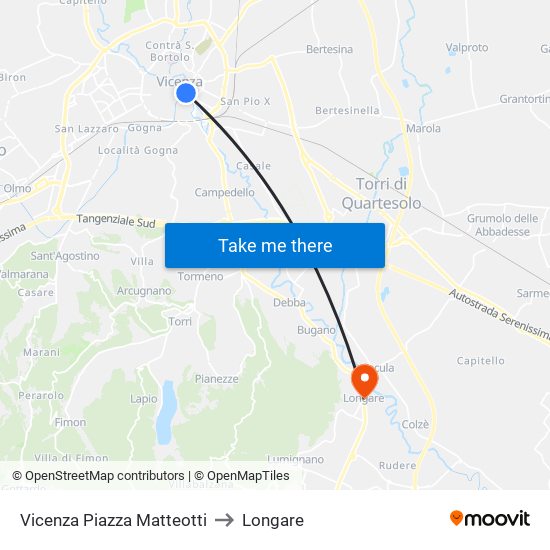 Vicenza Piazza Matteotti to Longare map