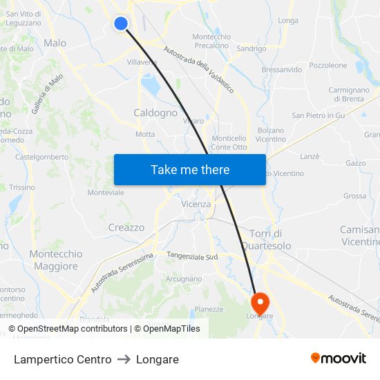 Lampertico Centro to Longare map