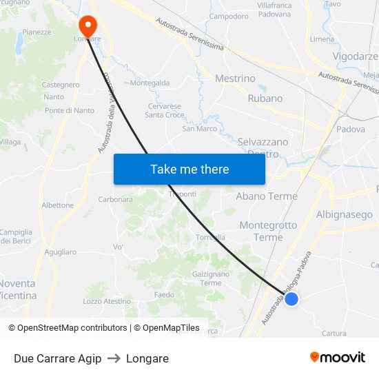 Due Carrare Agip to Longare map
