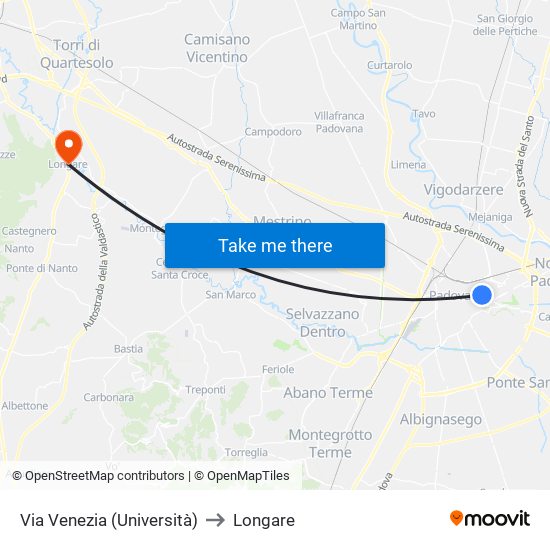 Via Venezia (Università) to Longare map