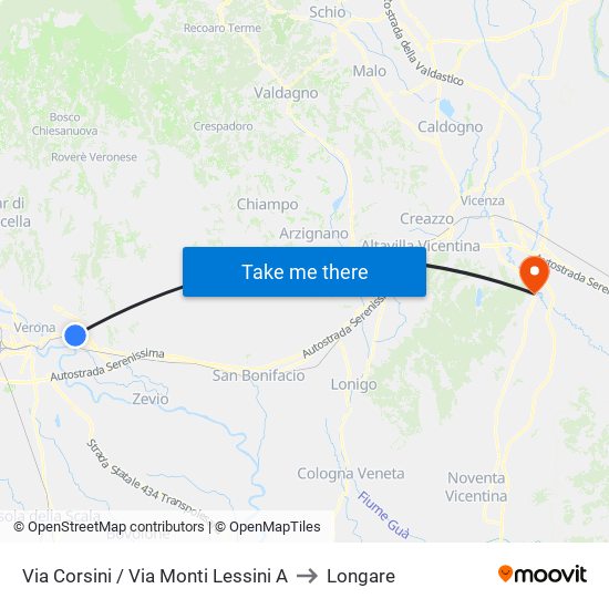 Via Corsini / Via Monti Lessini A to Longare map
