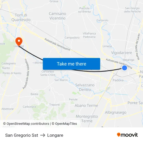 San Gregorio Stop to Longare map