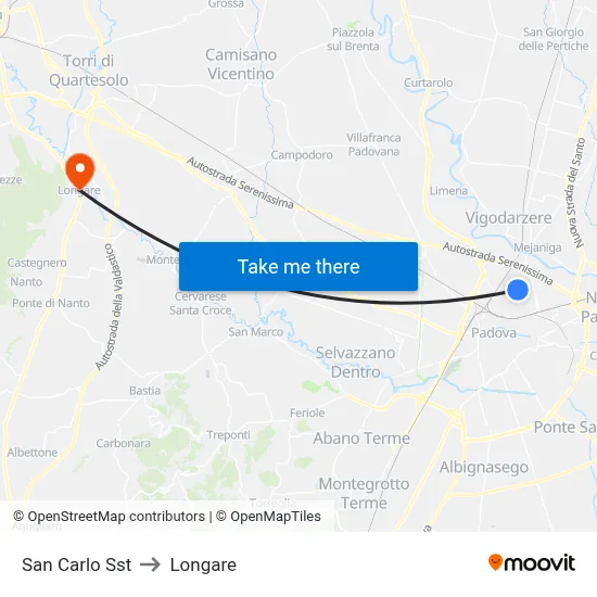 San Carlo Station to Longare map