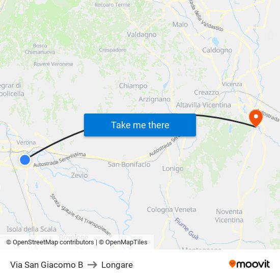 Via San Giacomo B to Longare map